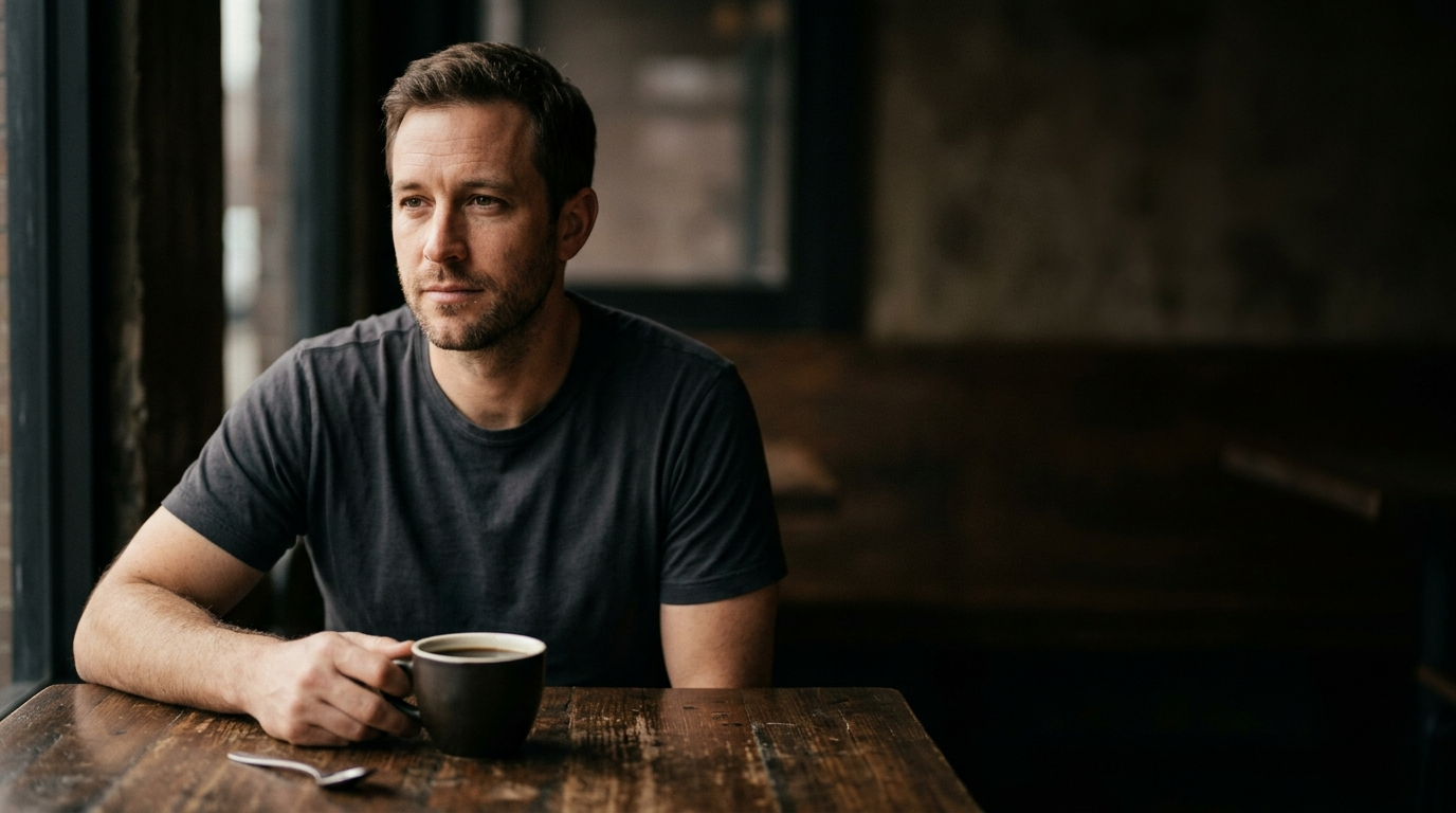 Tired man drinking coffee after night shift