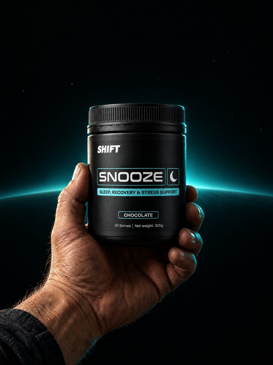 A shift worker's hand holding a tub of SNOOZE