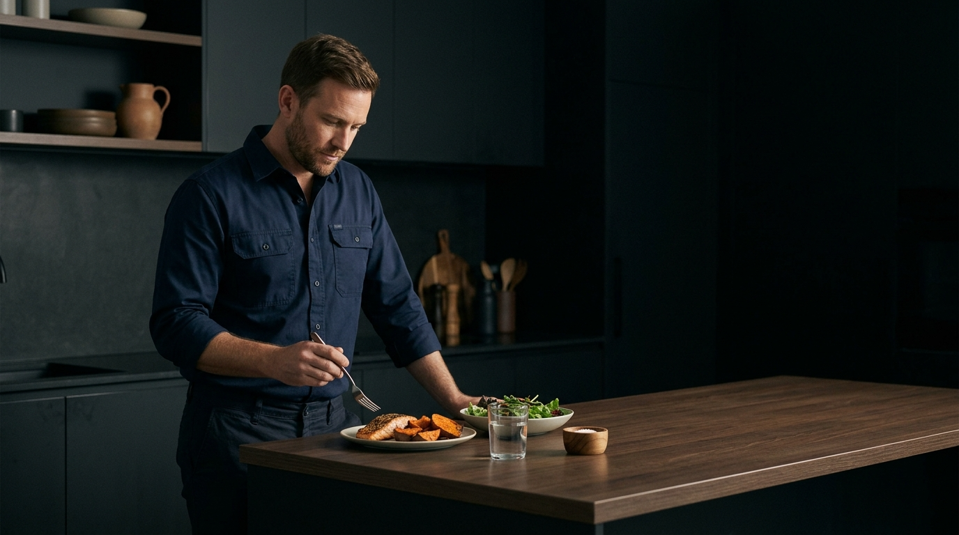 Man eating salmon and vegetables at kitchen counter