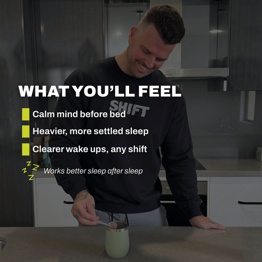 Man in a kitchen with text about sleep benefits overlayed