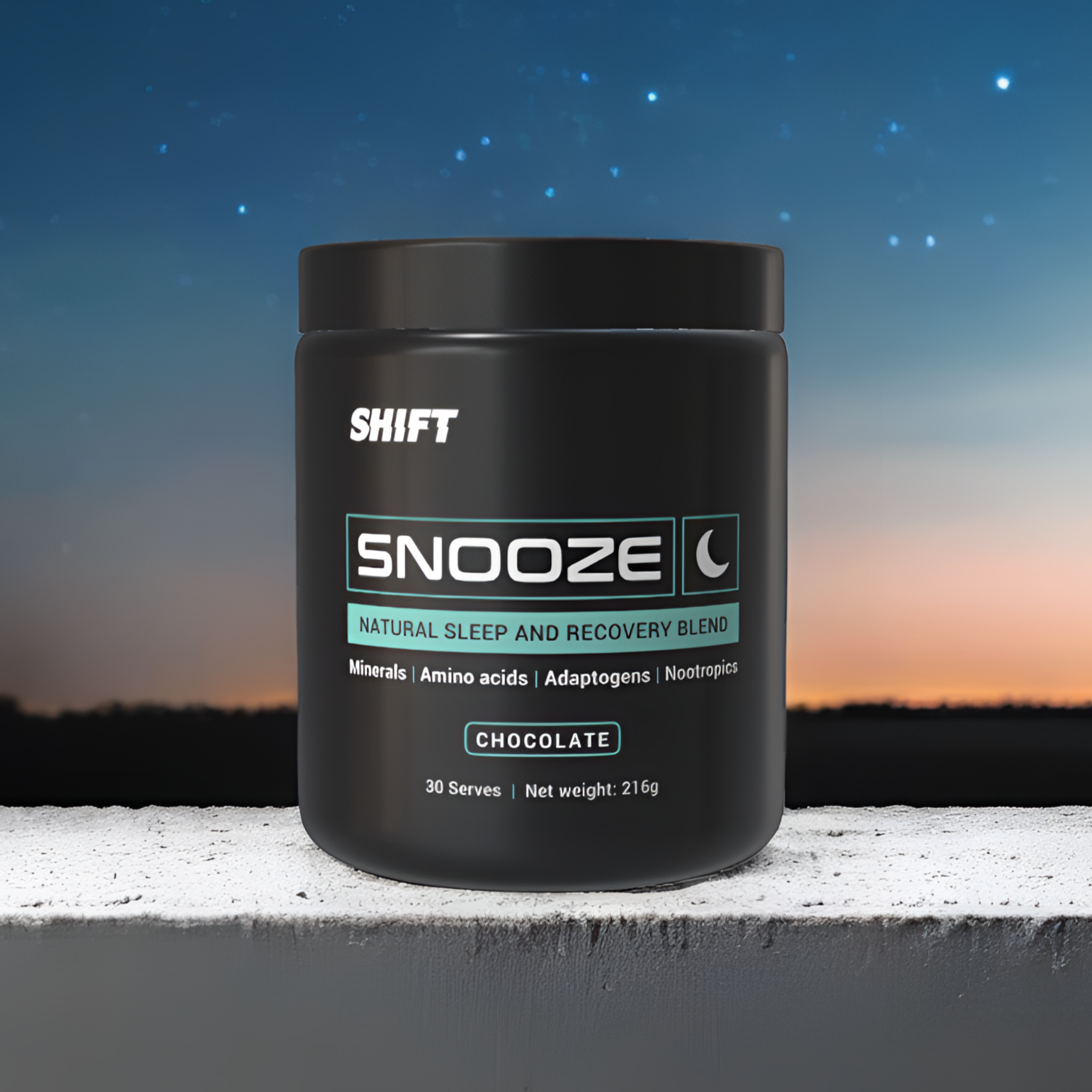 Black container of Shift Snooze supplement on a ledge with a night sky background