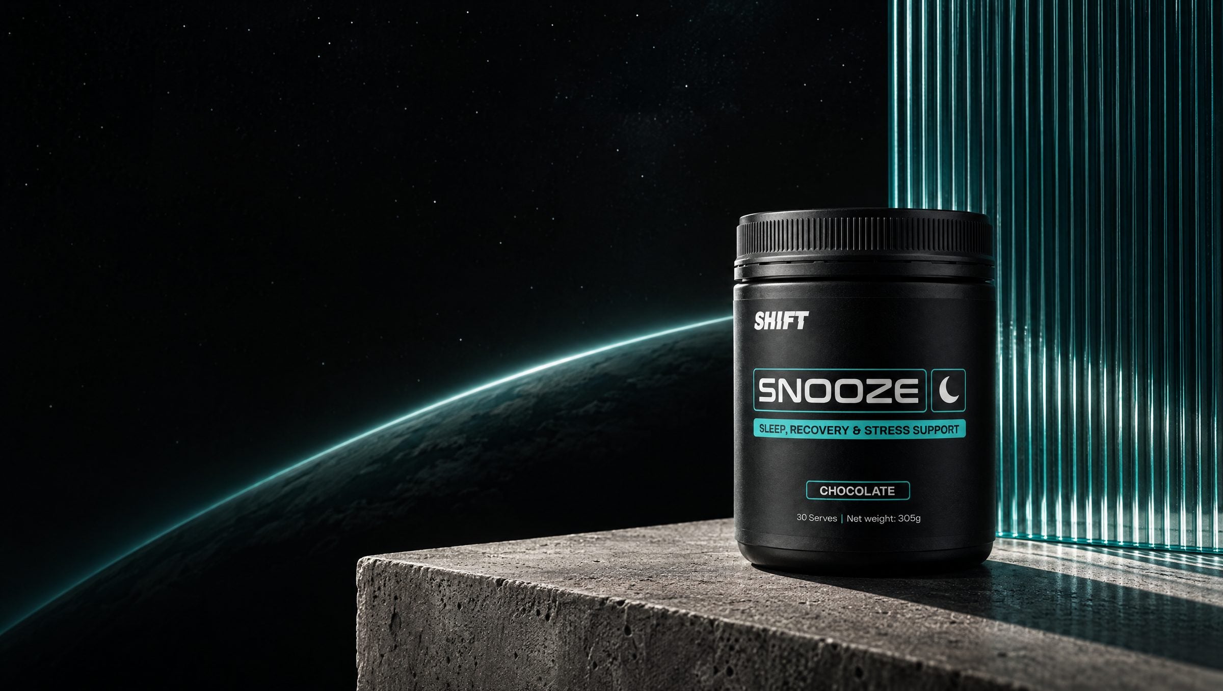 SNOOZE by SHIFT on a concrete block at the edge of space